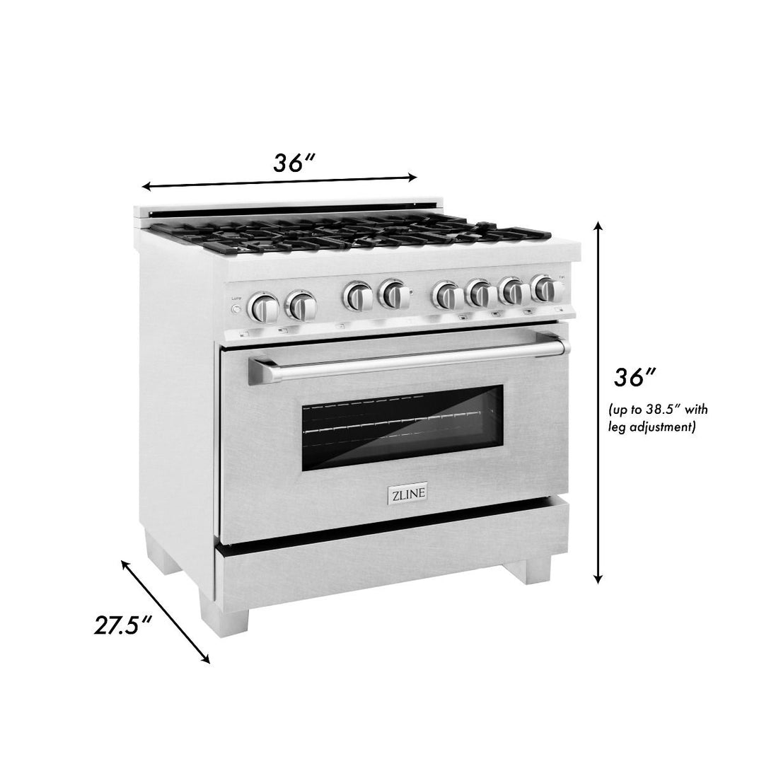 ZLINE 36 in. Kitchen Appliance Package with DuraSnow® Stainless Steel Gas Range, Ducted Range Hood and Dishwasher, 3KP-RGSRH36-DWV