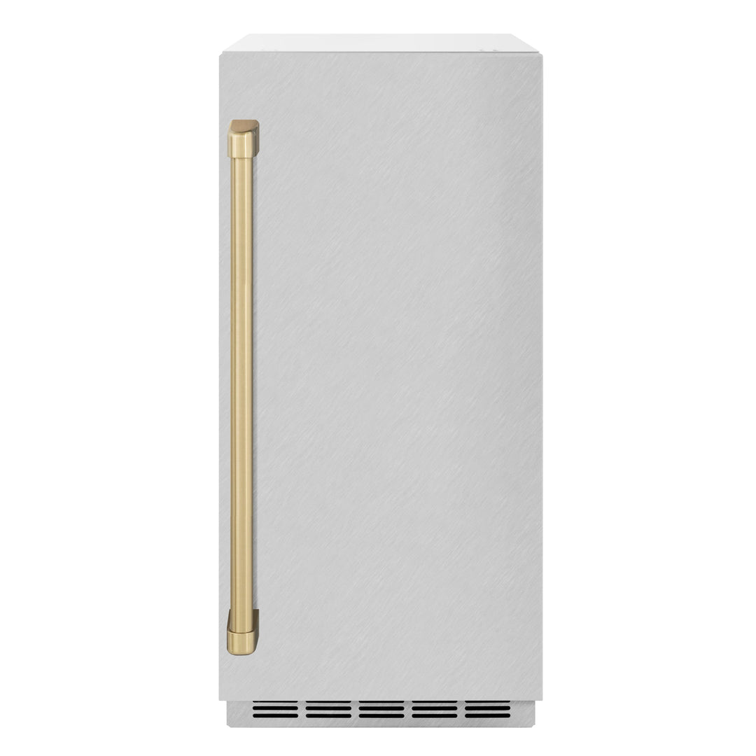 ZLINE Autograph Edition 15 in. Touchstone Clear Cube Ice Maker with Drain Pump and Satin Stainless Steel Door with Champagne Bronze Handle (ICCDZ-SN-15-CB)