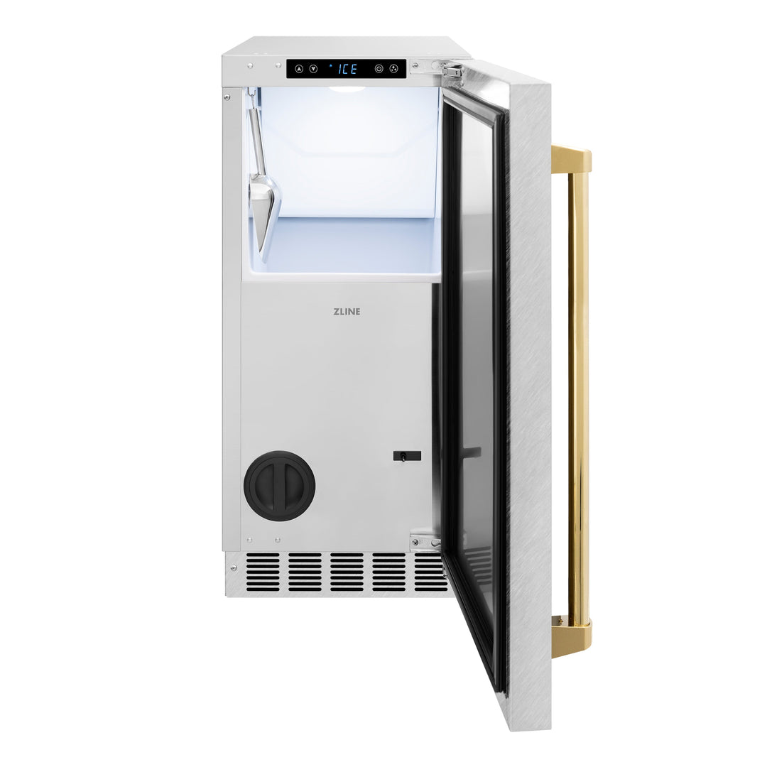 ZLINE Autograph Edition 15 in. Touchstone Clear Cube Ice Maker with Drain Pump and Satin Stainless Steel Door with Polished Gold Handle (ICCDZ-SN-15-G)