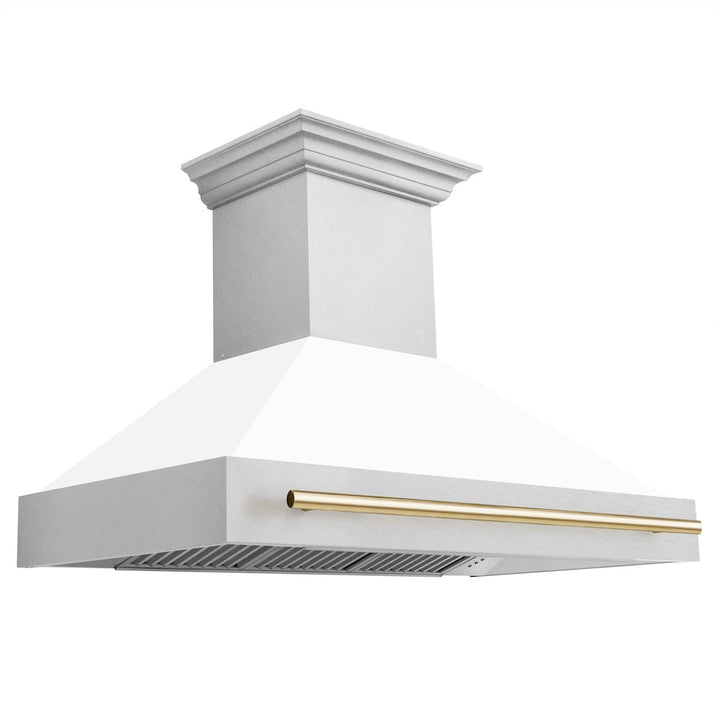 ZLINE Autograph Edition 48 in. Satin Stainless Steel Wall Mount Range Hood with White Matte Shell and Polished Gold Handle (8654SNZ-WM48-G)