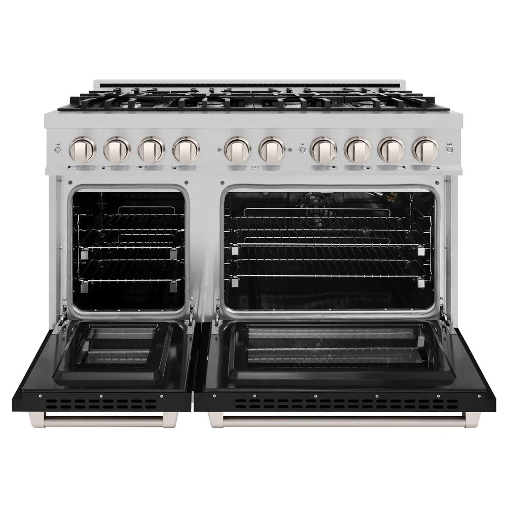 ZLINE 48" 6.7 cu. ft. Select Double Oven Gas Range with 8 Burners in DuraSnow® Stainless Steel with Black Matte Doors, HGRS-BLM-48