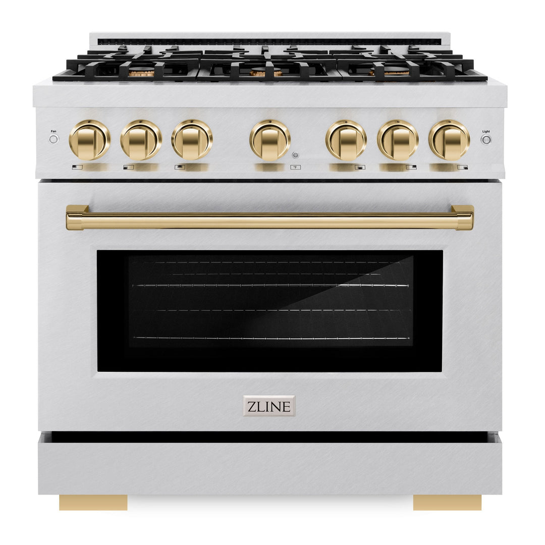 ZLINE Autograph Edition 36" 5.2 cu. ft. Select Gas Range with 6 Burners in DuraSnow® Stainless Steel and Polished Gold Accents, HGRSZ-36-G