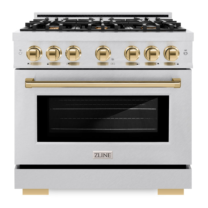 ZLINE Autograph Edition 36" 5.2 cu. ft. Select Gas Range with 6 Burners in DuraSnow® Stainless Steel and Polished Gold Accents, HGRSZ-36-G