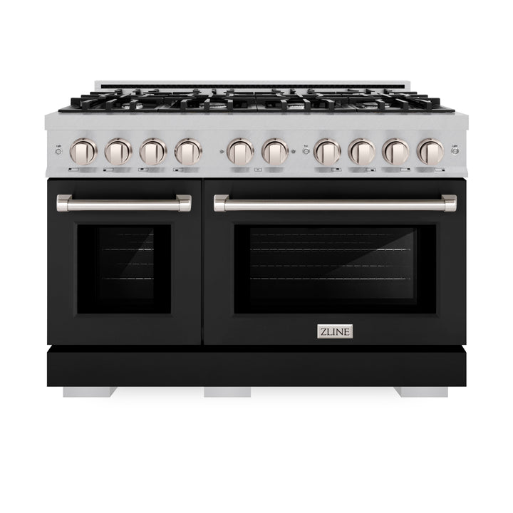 ZLINE 48 in. 6.7 cu. ft. Select Double Oven Gas Range with 8 Burner Cooktop in Satin Stainless Steel with Black Matte Doors (HGRS-BLM-48)