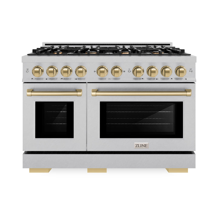ZLINE Autograph Edition 48 in. 6.7 cu. ft. Select Double Oven Dual Fuel Range with 8 Burner Gas Cooktop in Satin Stainless Steel and Champagne Bronze Accents (HDRSZ-48-CB)