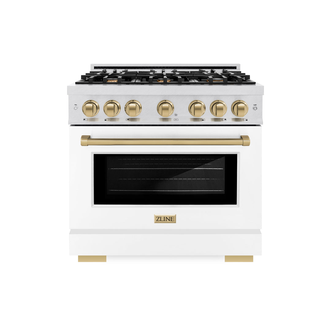 ZLINE Autograph Edition 36 in. 5.2 cu. ft. Select Dual Fuel Range with 6 Burner Gas Cooktop and Electric Convection Oven in Satin Stainless Steel with White Matte Door and Champagne Bronze Accents (HDRSZ-WM-36-CB)