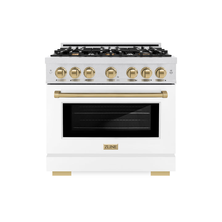 ZLINE Autograph Edition 36 in. 5.2 cu. ft. Select Dual Fuel Range with 6 Burner Gas Cooktop and Electric Convection Oven in Satin Stainless Steel with White Matte Door and Champagne Bronze Accents (HDRSZ-WM-36-CB)