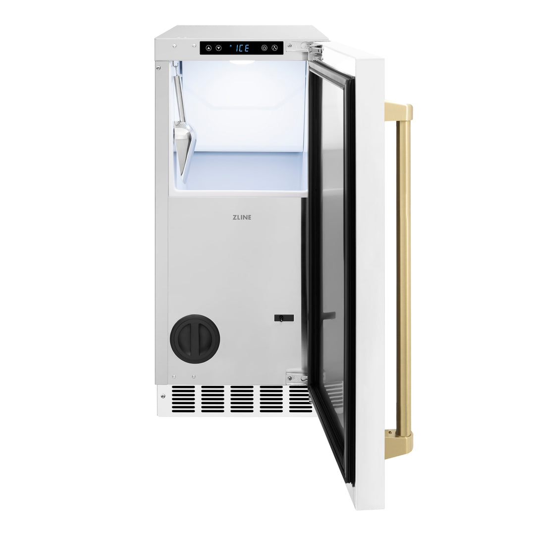 ZLINE Autograph Edition 15 in. Touchstone Clear Cube Ice Maker with Drain Pump and White Matte Door with Champagne Bronze Handle (ICCDZ-WM-15-CB)