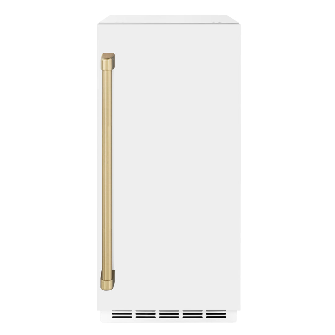 ZLINE Autograph Edition 15 in. Touchstone Clear Cube Ice Maker with Drain Pump and White Matte Door with Champagne Bronze Handle (ICCDZ-WM-15-CB)