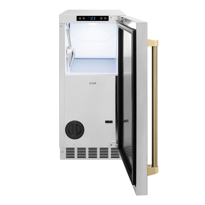 ZLINE Autograph Edition 15 in. Touchstone Clear Cube Ice Maker with Drain Pump and Solid Stainless Steel Door with Champagne Bronze Helix Handle (ICCDZ-ST-15-KCB)