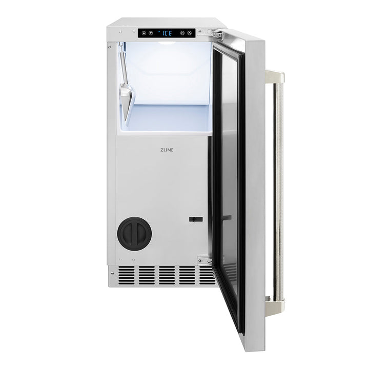 ZLINE Autograph Edition 15 in. Touchstone Clear Cube Ice Maker with Drain Pump and Solid Stainless Steel Door with Polished Nickel Helix Handle (ICCDZ-ST-15-KPN)