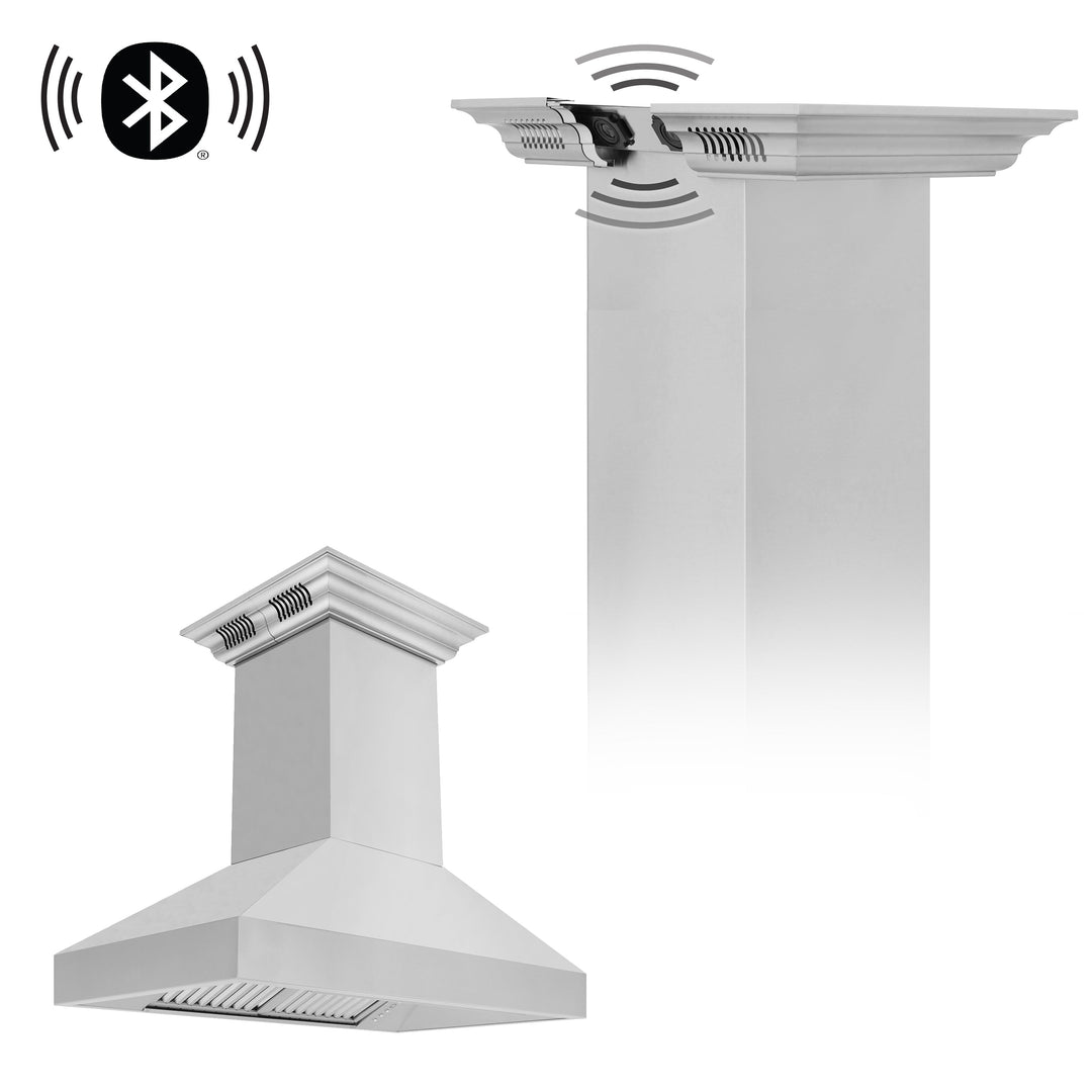36 in. ZLINE CrownSoundâ„¢ Ducted Vent Island Mount Range Hood in Stainless Steel with Built-in Bluetooth Speakers (597iCRN-BT-36)