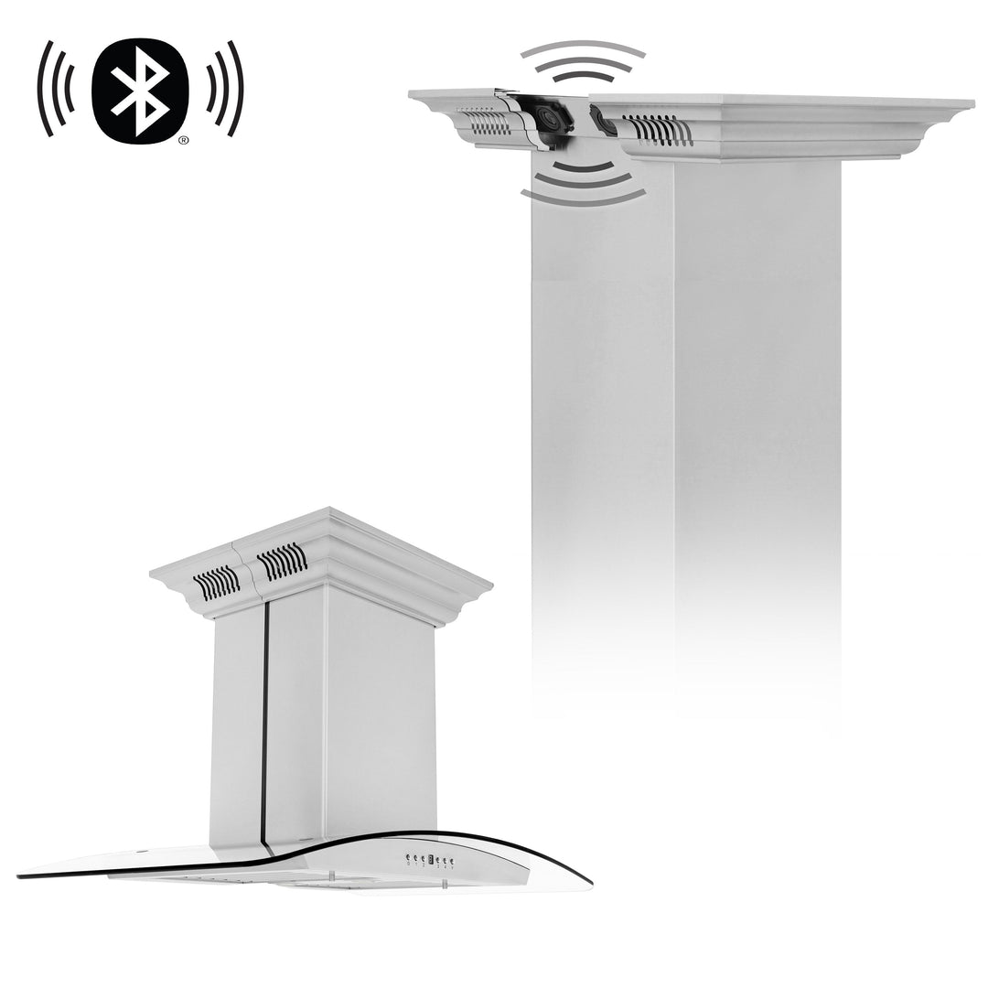 36" ZLINE CrownSoundâ„¢Ducted Vent Island Mount Range Hood in Stainless Steel with Built-in Bluetooth Speakers (GL5iCRN-BT-36)