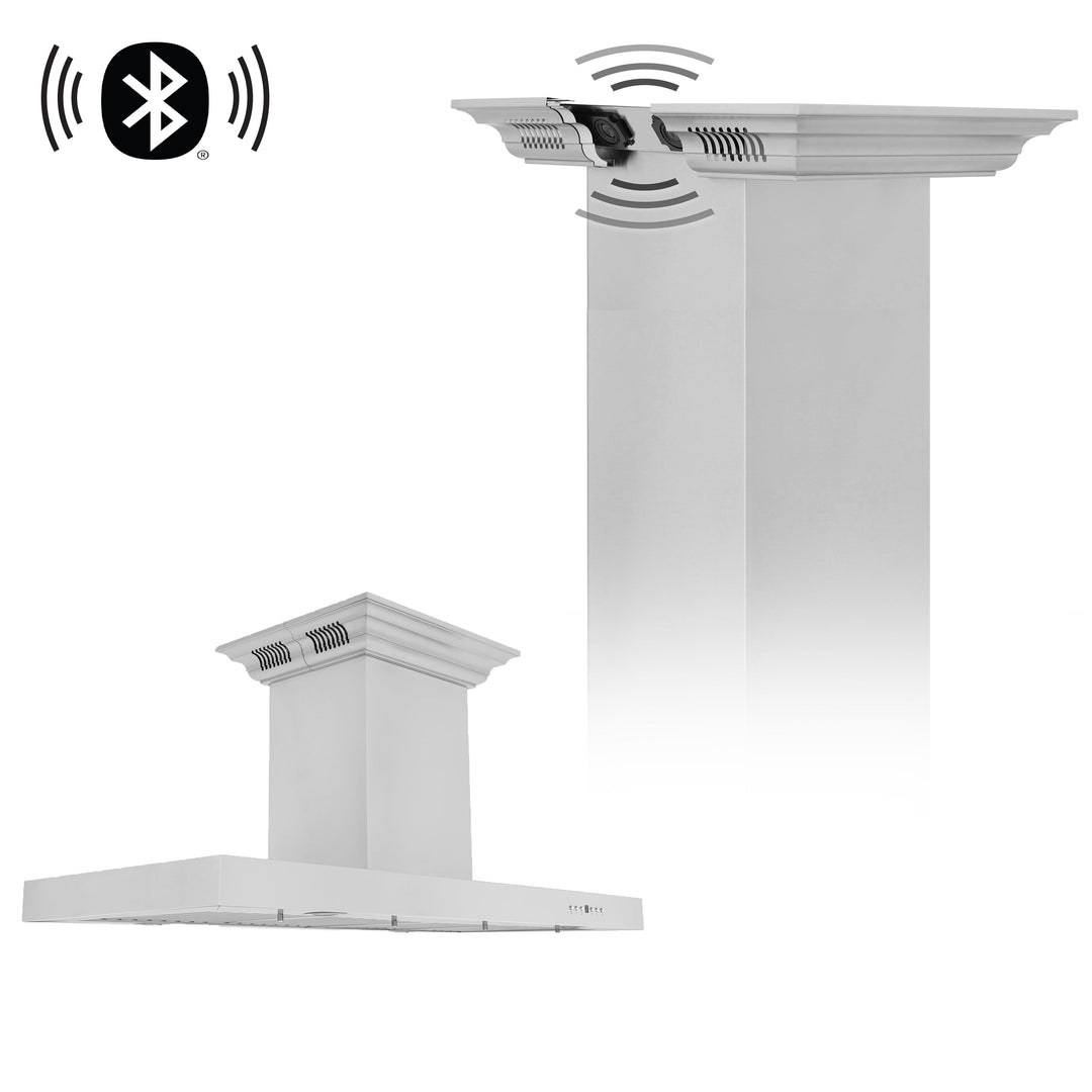 48" ZLINE CrownSoundâ„¢Ducted Vent Island Mount Range Hood in Stainless Steel with Built-in Bluetooth Speakers (KE2iCRN-BT-48)