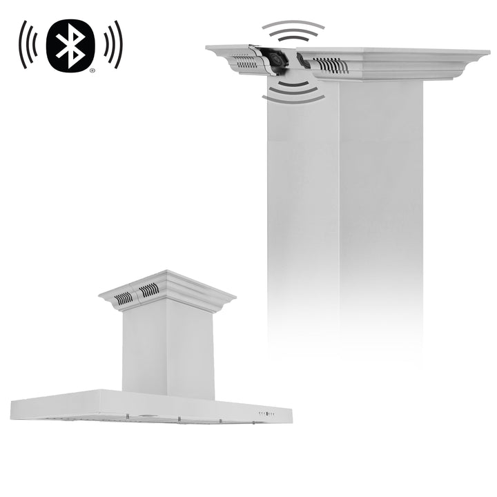 36" ZLINE CrownSoundâ„¢Ducted Vent Island Mount Range Hood in Stainless Steel with Built-in Bluetooth Speakers (KE2iCRN-BT-36)