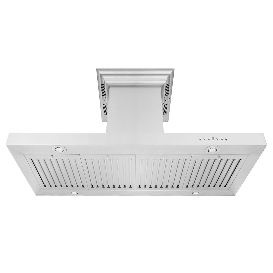 48" ZLINE CrownSoundâ„¢Ducted Vent Island Mount Range Hood in Stainless Steel with Built-in Bluetooth Speakers (KE2iCRN-BT-48)