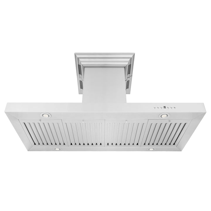 48" ZLINE CrownSoundâ„¢Ducted Vent Island Mount Range Hood in Stainless Steel with Built-in Bluetooth Speakers (KE2iCRN-BT-48)