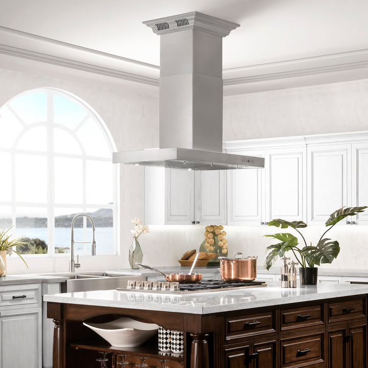 48" ZLINE CrownSoundâ„¢Ducted Vent Island Mount Range Hood in Stainless Steel with Built-in Bluetooth Speakers (KE2iCRN-BT-48)