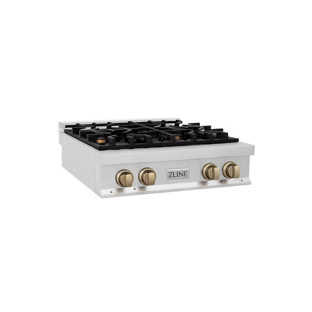 ZLINE Autograph Edition 30 in. Legacy Gas Rangetop with 4 Burners and Porcelain Cooktop in DuraSnow® Stainless Steel with Champagne Bronze Accents (RTSZ-30-CB)