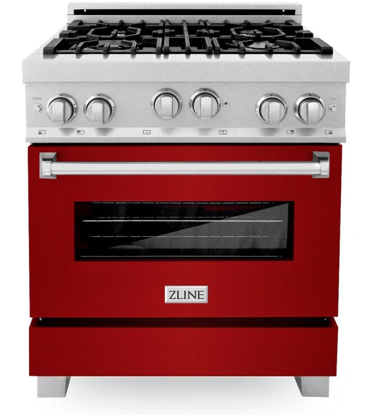 ZLINE 30" Professional Gas Range in DuraSnow® with Red Gloss Door & 30" Range Hood Appliance Package, 2KP-RGSRGRH30