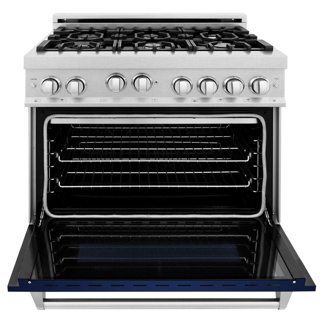 ZLINE 36" Professional Gas Range in DuraSnow® with Blue Gloss Matte Door & 36" Range Hood Appliance Package, 2KP-RGSBGRH36