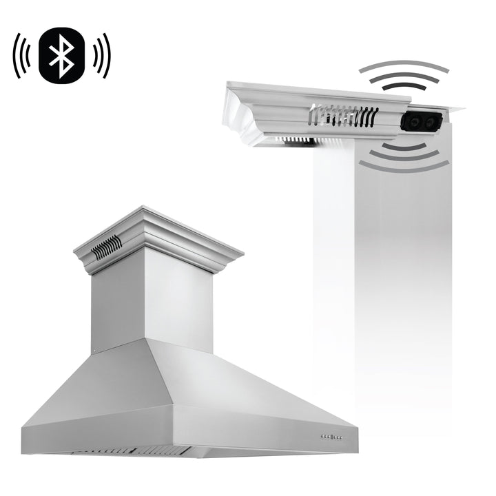 36" ZLINE CrownSoundâ„¢Ducted Vent Wall Mount Range Hood in Stainless Steel with Built-in Bluetooth Speakers (697CRN-BT-36)