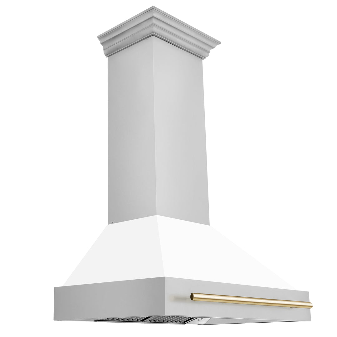 ZLINE Autograph Edition 36 in. Stainless Steel Range Hood with White Matte Shell and Polished Gold Handle (8654STZ-WM36-G)