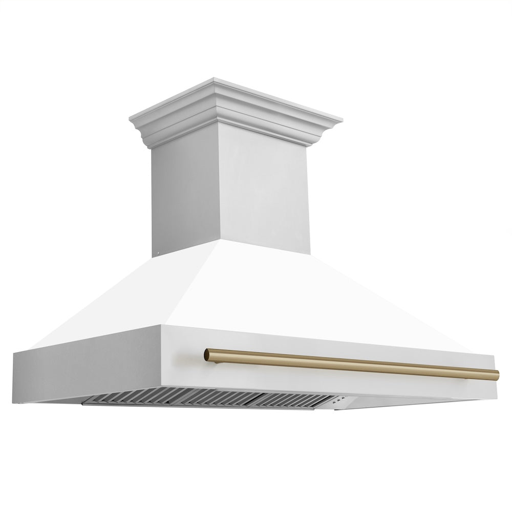 ZLINE Autograph Edition 48 in. Stainless Steel Range Hood with White Matte Shell and Champagne Bronze Handle (8654STZ-WM48-CB)