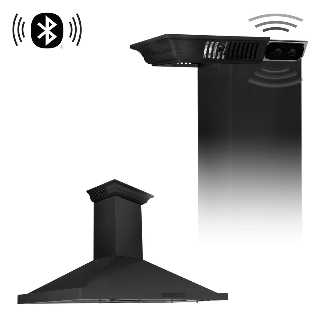 48" ZLINE CrownSoundâ„¢Ducted Vent Wall Mount Range Hood in Black Stainless Steel with Built-in Bluetooth Speakers (BSKBNCRN-BT-48)