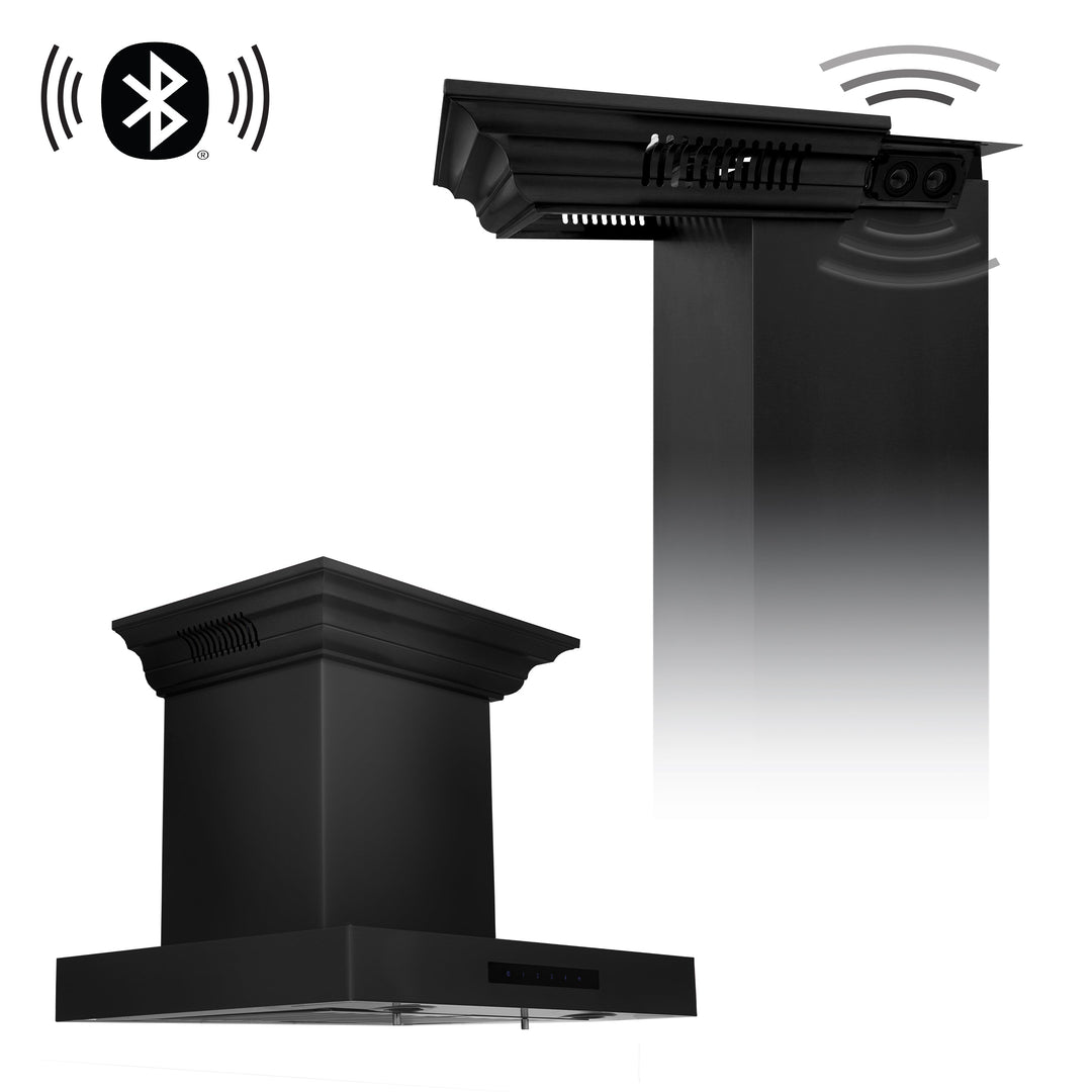 30" ZLINE CrownSoundâ„¢Ducted Vent Wall Mount Range Hood in Black Stainless Steel with Built-in Bluetooth Speakers (BSKENCRN-BT-30)