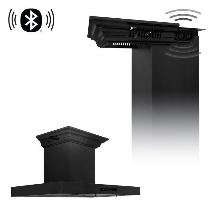 36" ZLINE CrownSoundâ„¢Ducted Vent Wall Mount Range Hood in Black Stainless Steel with Built-in Bluetooth Speakers (BSKENCRN-BT-36)