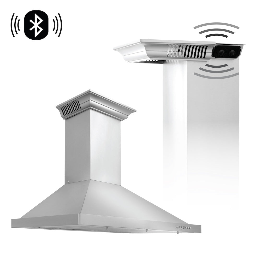 30" ZLINE CrownSoundâ„¢Ducted Vent Wall Mount Range Hood in Stainless Steel with Built-in Bluetooth Speakers (KBCRN-BT-30)