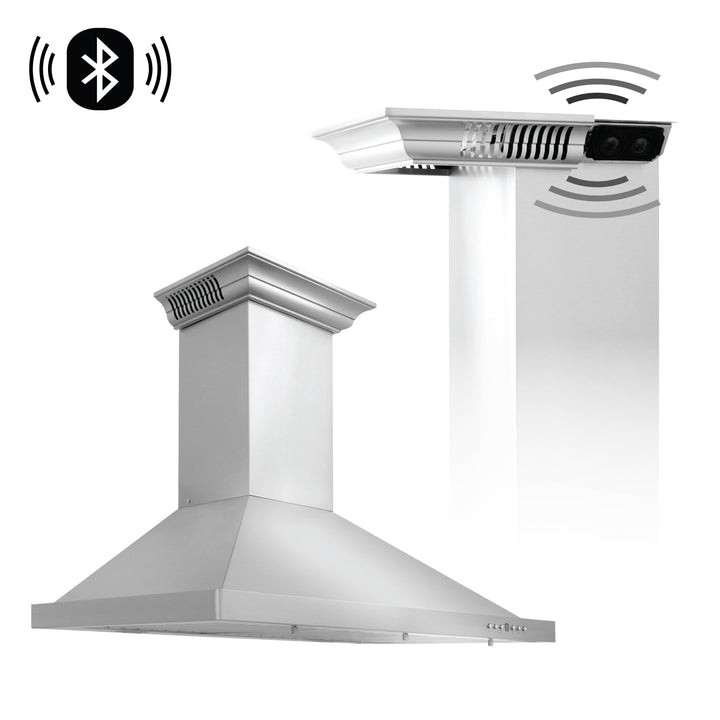 36" ZLINE CrownSoundâ„¢Ducted Vent Wall Mount Range Hood in Stainless Steel with Built-in Bluetooth Speakers (KBCRN-BT-36)