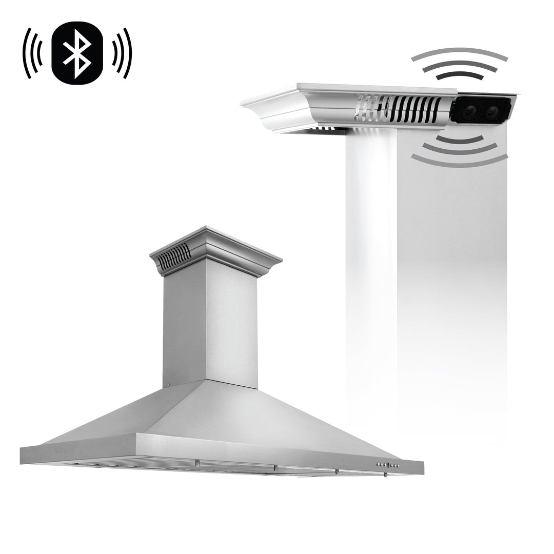 48" ZLINE CrownSoundâ„¢Ducted Vent Wall Mount Range Hood in Stainless Steel with Built-in Bluetooth Speakers (KBCRN-BT-48)