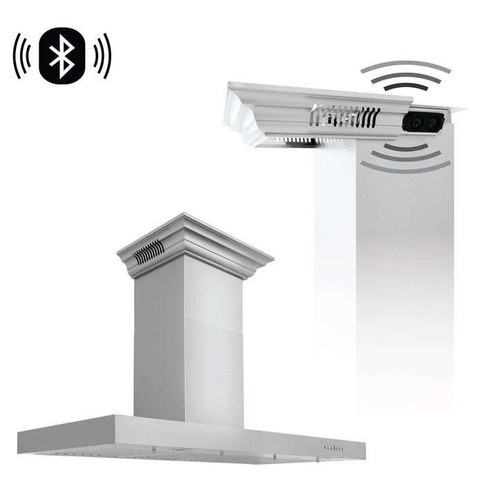 48" ZLINE CrownSoundâ„¢Ducted Vent Wall Mount Range Hood in Stainless Steel with Built-in Bluetooth Speakers (KECRN-BT-48)