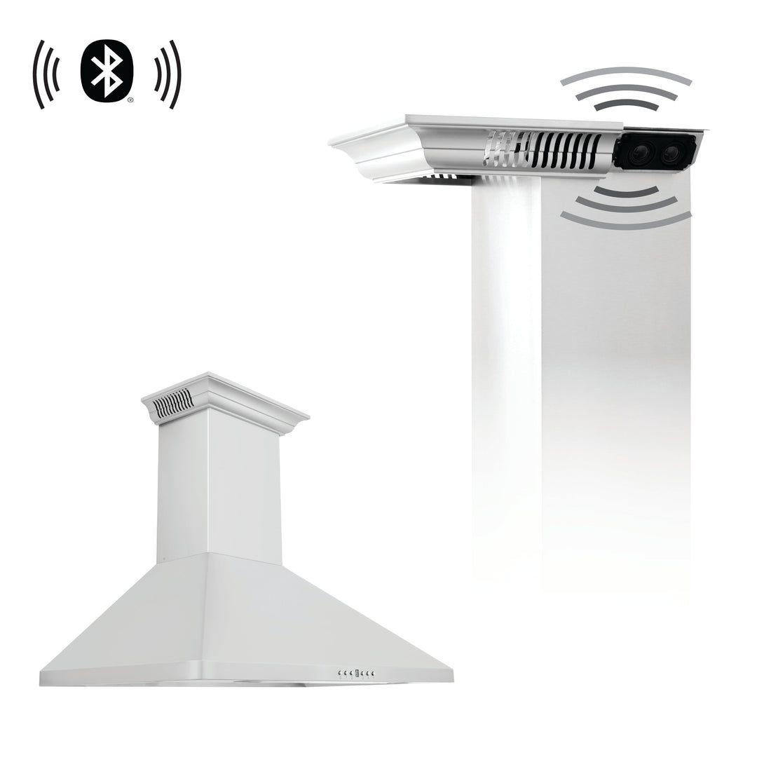 36" ZLINE CrownSoundâ„¢Ducted Vent Wall Mount Range Hood in Stainless Steel with Built-in Bluetooth Speakers (KF1CRN-BT-36)