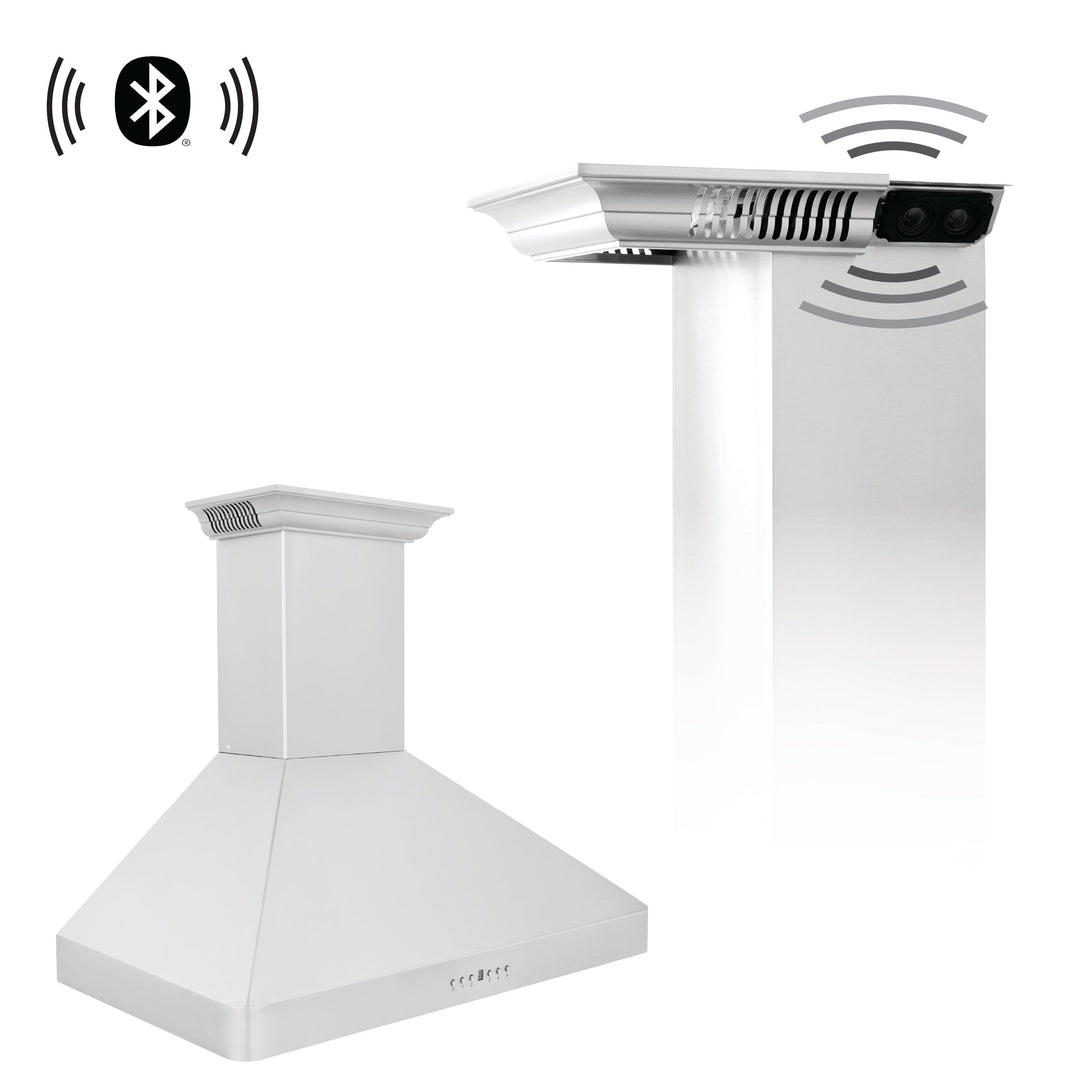36" ZLINE CrownSoundâ„¢Ducted Vent Wall Mount Range Hood in Stainless Steel with Built-in Bluetooth Speakers (KF2CRN-BT-36)