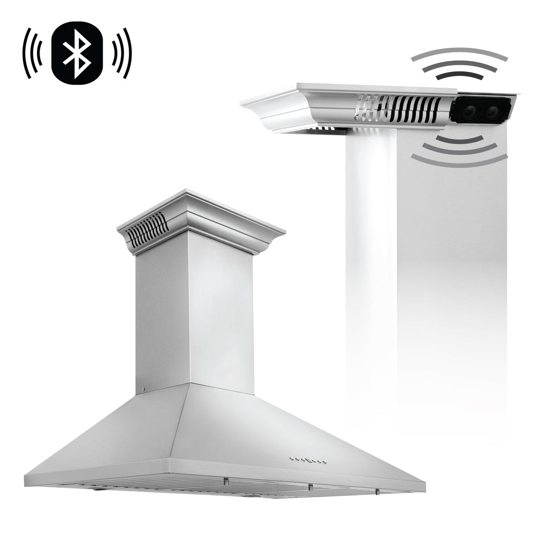 36" ZLINE CrownSoundâ„¢Ducted Vent Wall Mount Range Hood in Stainless Steel with Built-in Bluetooth Speakers (KL2CRN-BT-36)