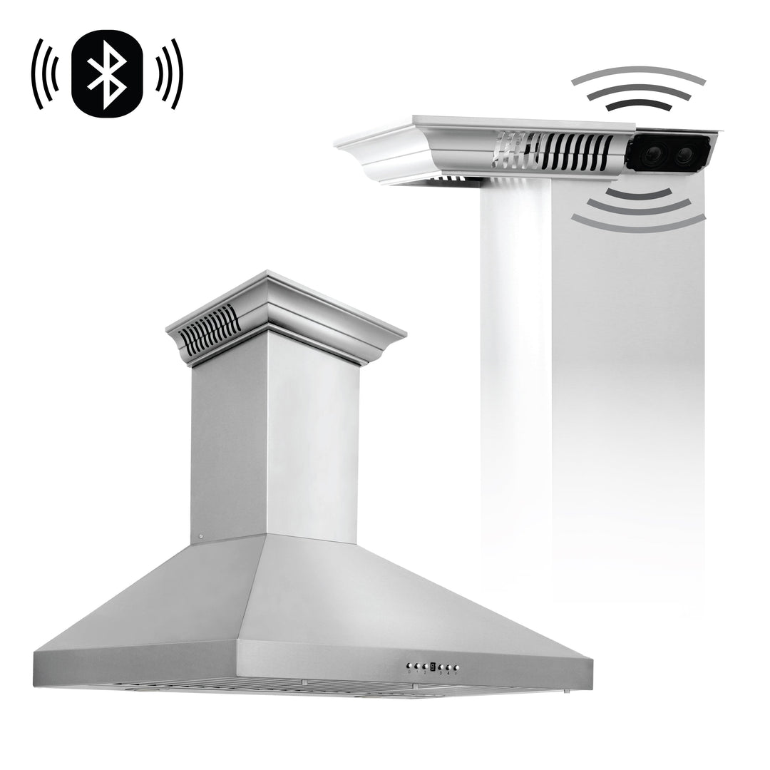 36" ZLINE CrownSoundâ„¢Ducted Vent Wall Mount Range Hood in Stainless Steel with Built-in Bluetooth Speakers (KL3CRN-BT-36)