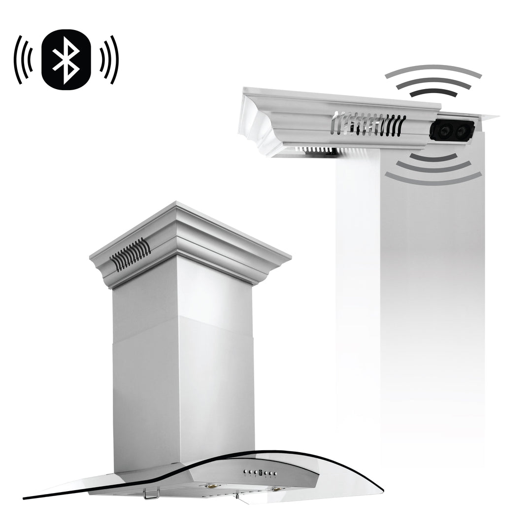 36" ZLINE CrownSoundâ„¢Ducted Vent Wall Mount Range Hood in Stainless Steel with Built-in Bluetooth Speakers (KZCRN-BT-36)
