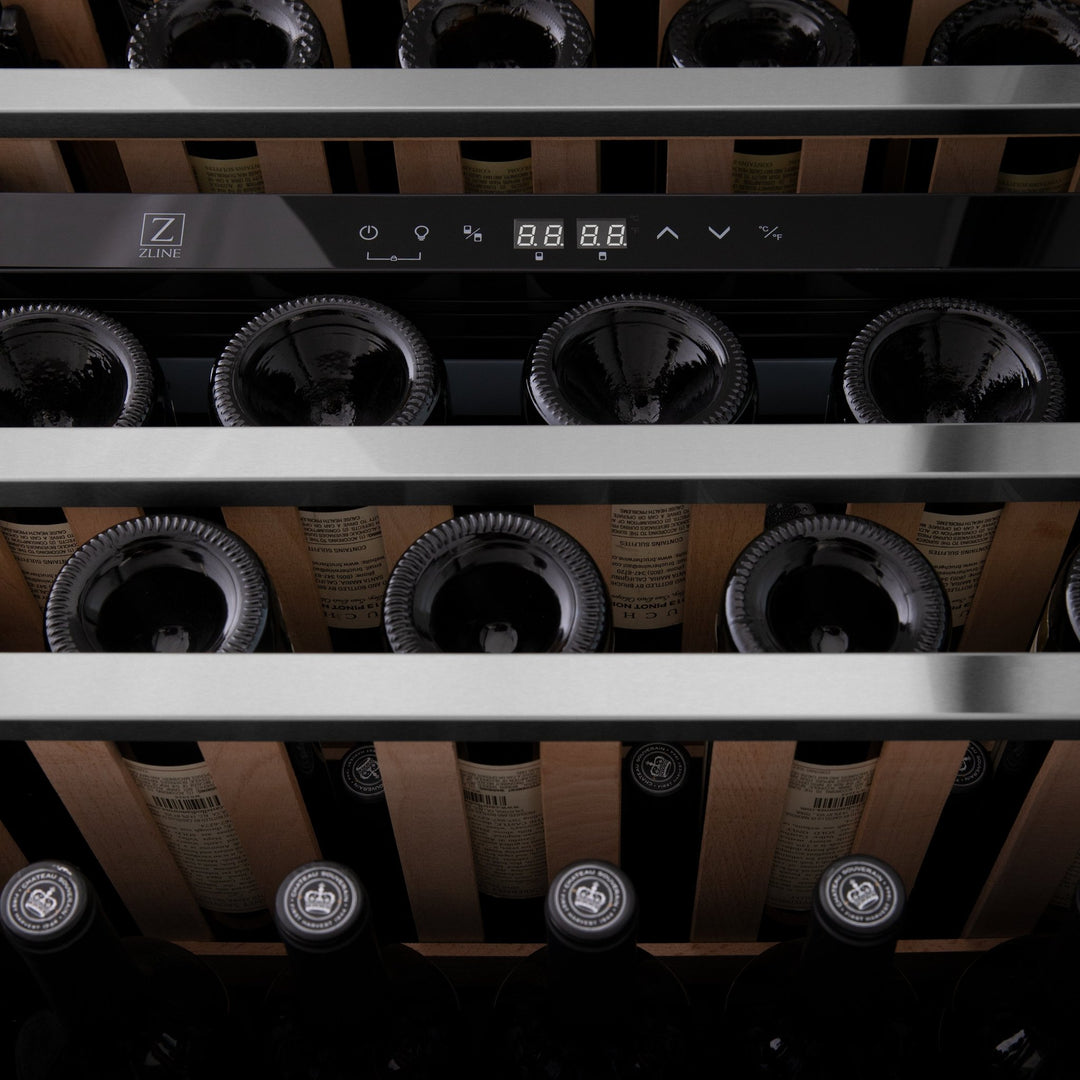 ZLINE 24" Autograph Edition Dual Zone 44-Bottle Wine Cooler in Stainless Steel with Wood Shelf and Polished Gold  Accents (RWVZ-UD-24-G)