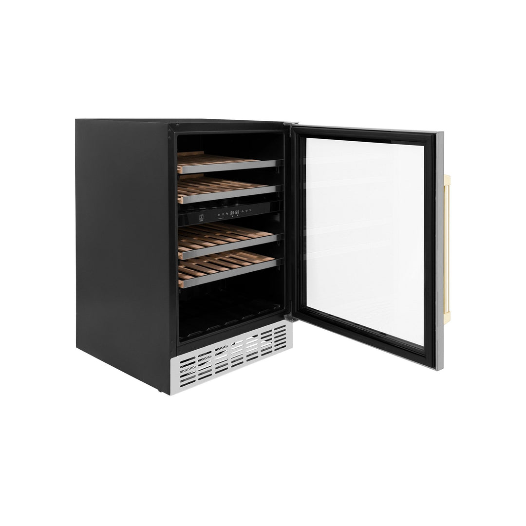 ZLINE 24" Autograph Edition Dual Zone 44-Bottle Wine Cooler in Stainless Steel with Wood Shelf and Polished Gold  Accents (RWVZ-UD-24-G)