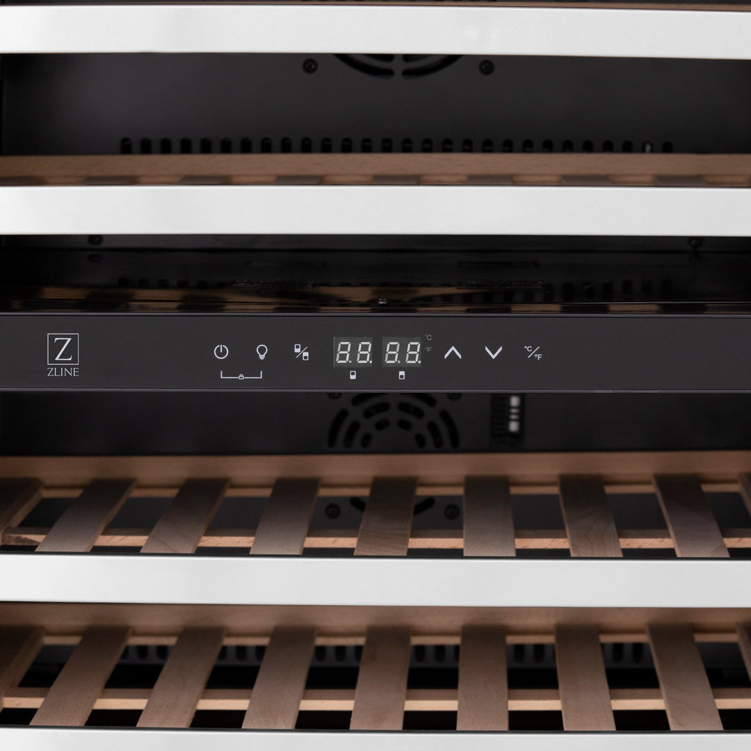 ZLINE 24" Autograph Edition Dual Zone 44-Bottle Wine Cooler in Stainless Steel with Wood Shelf and Polished Gold  Accents (RWVZ-UD-24-G)