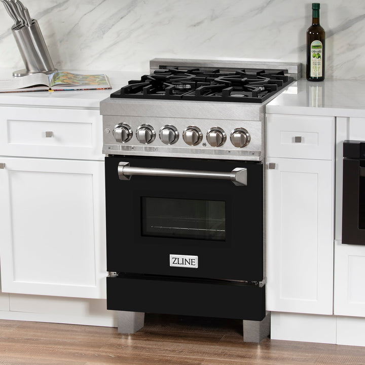ZLINE 24 in. 2.8 cu. ft. Legacy Dual Fuel Range with 4 Burner Gas Cooktop and Electric Convection Oven in Satin Stainless Steel and Black Matte Door (RAS-BLM-24)