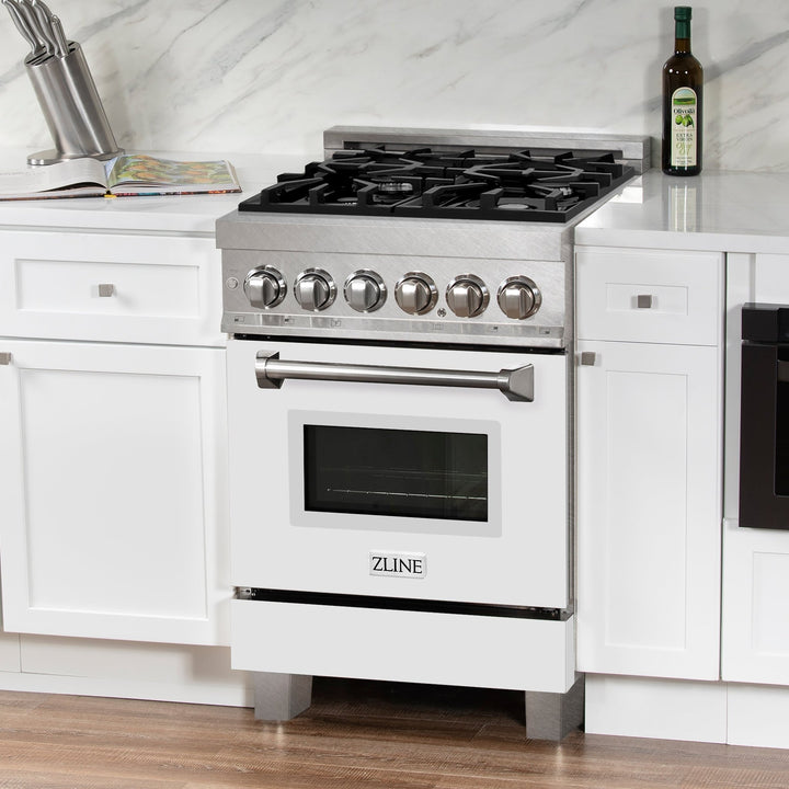 ZLINE 24 in. 2.8 cu. ft. Legacy Dual Fuel Range with 4 Burner Gas Cooktop and Electric Convection Oven in Satin Stainless Steel and White Matte Door (RAS-WM-24)