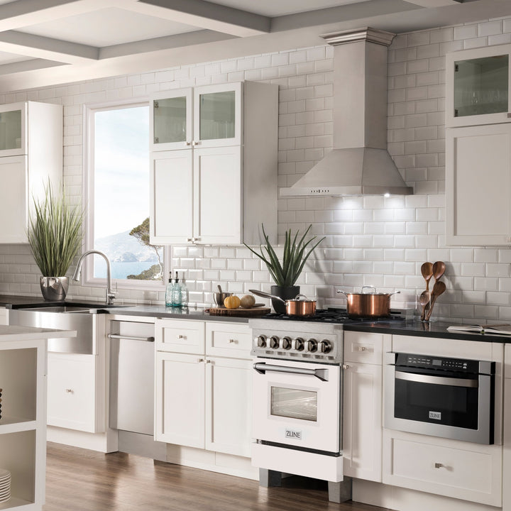 ZLINE 24 in. 2.8 cu. ft. Legacy Dual Fuel Range with 4 Burner Gas Cooktop and Electric Convection Oven in Satin Stainless Steel and White Matte Door (RAS-WM-24)