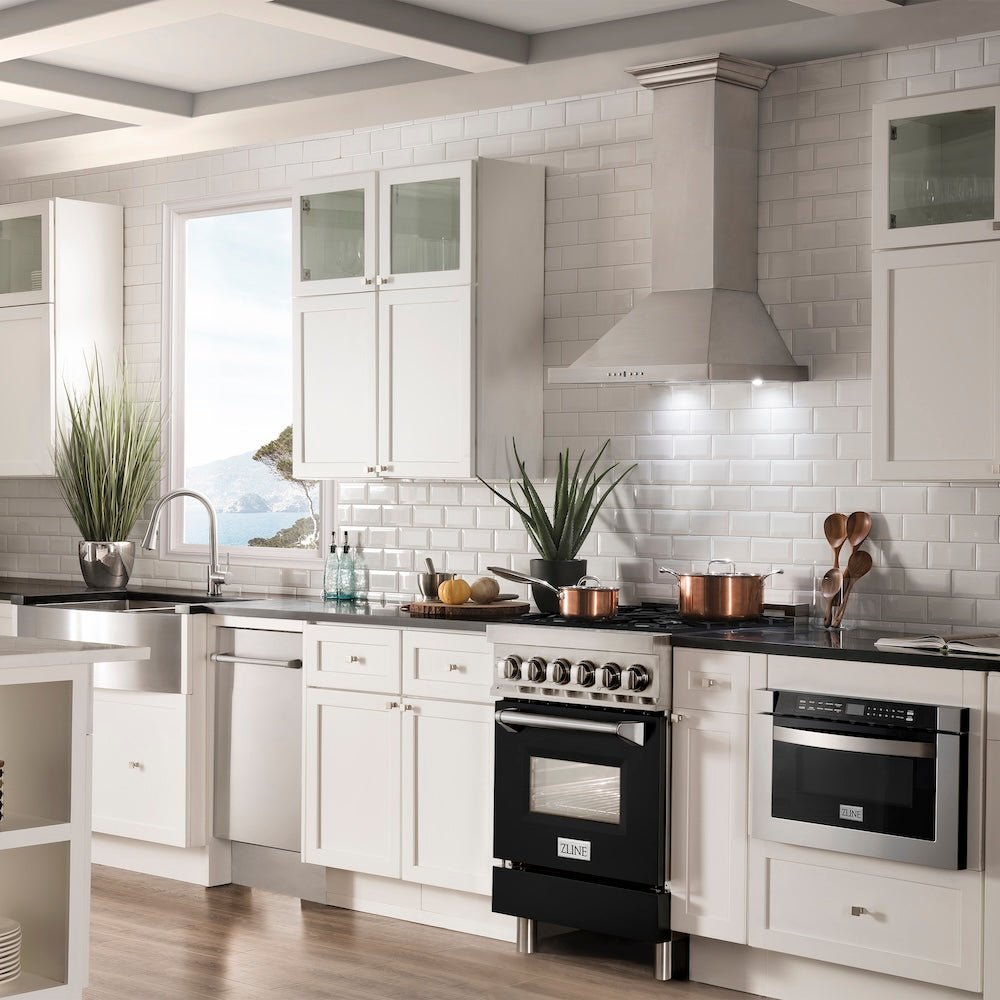 ZLINE 24 in. 2.8 cu. ft. Legacy Dual Fuel Range with 4 Burner Gas Cooktop and Electric Convection Oven in Stainless Steel and Black Matte Door (RA-BLM-24)