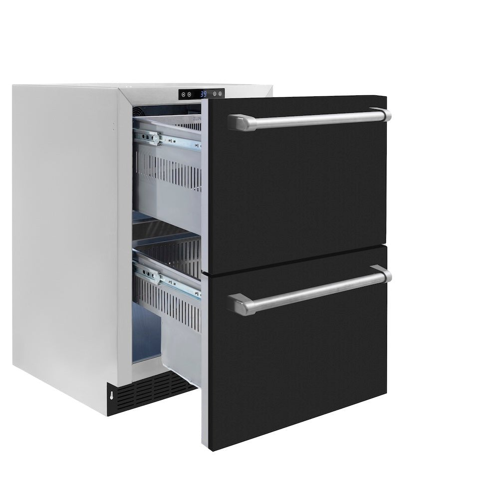 ZLINE 24 in. Touchstone 168 Can Outdoor-Rated Dual Refrigerator Drawer with Black Matte Doors (RDSO-BLM-24)