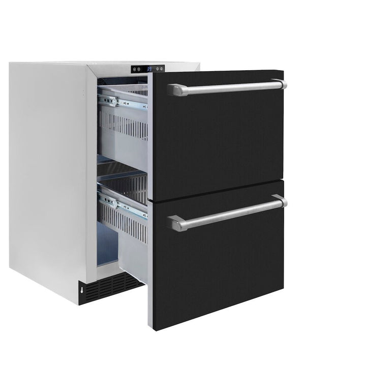 ZLINE 24 in. Touchstone 168 Can Outdoor-Rated Dual Refrigerator Drawer with Black Matte Doors (RDSO-BLM-24)