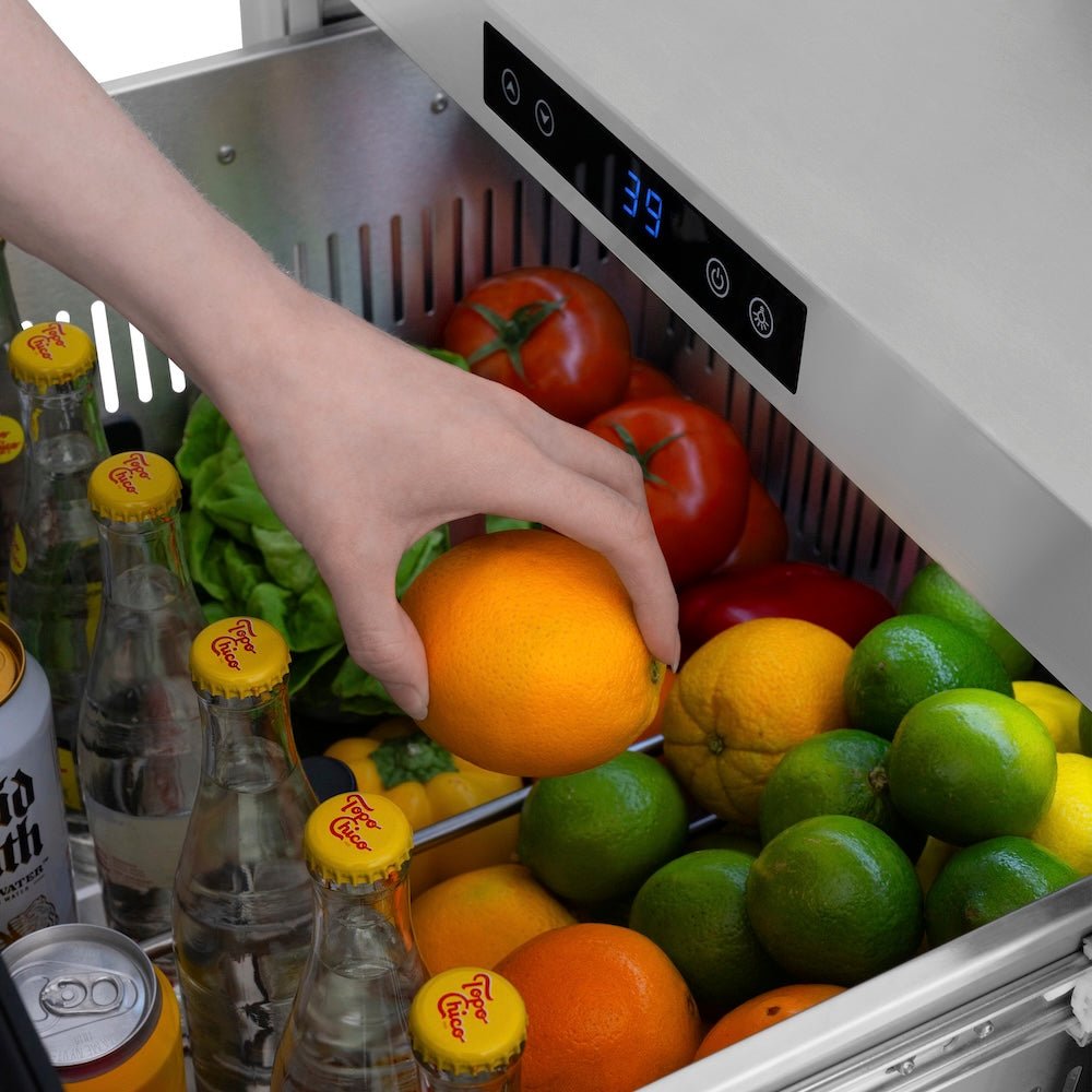 ZLINE 24 in. Touchstone 168 Can Outdoor-Rated Dual Refrigerator Drawer with Hand Hammered Copper Doors (RDSO-HH-24)